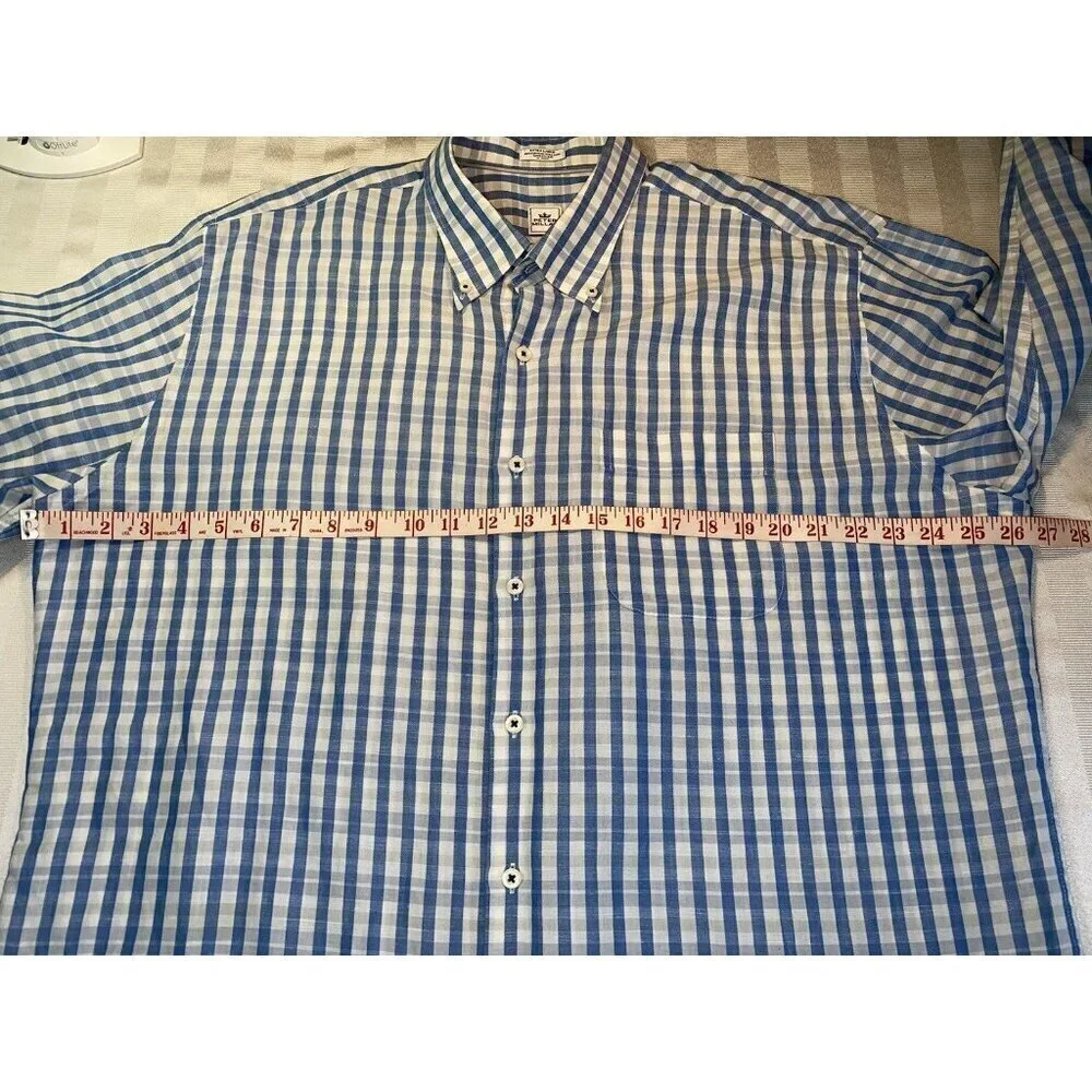 PETER MILLAR Cotton & Linen Blue Plaid Long Sleeve Casual Shirt XL EUC